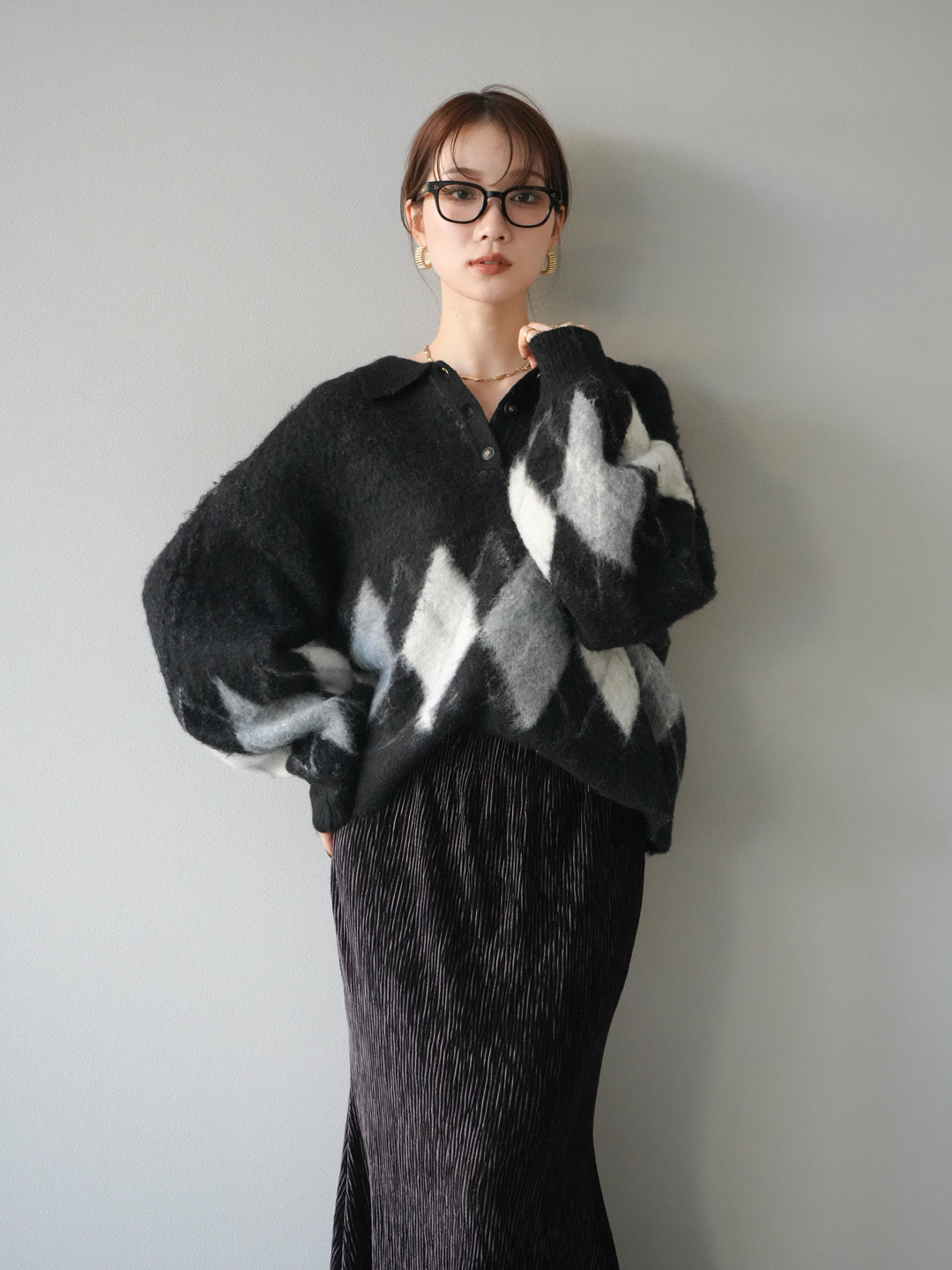 [予約]アーガイル柄ルーズポロニットプルオーバー/black