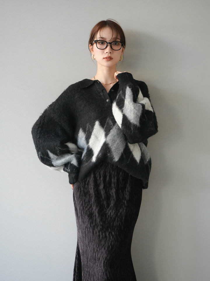 [予約]アーガイル柄ルーズポロニットプルオーバー/black