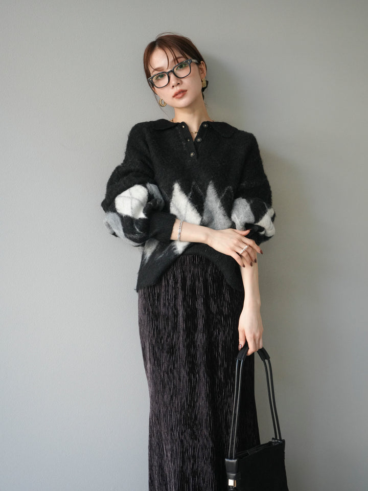 [予約]アーガイル柄ルーズポロニットプルオーバー/black