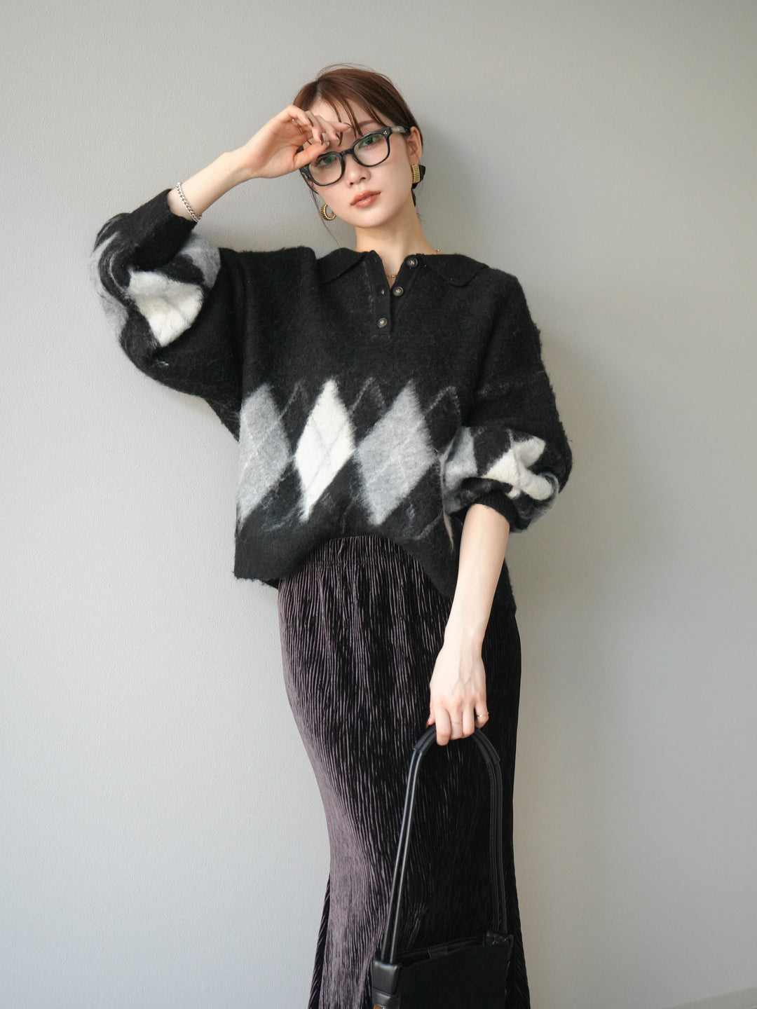 [予約]アーガイル柄ルーズポロニットプルオーバー/black