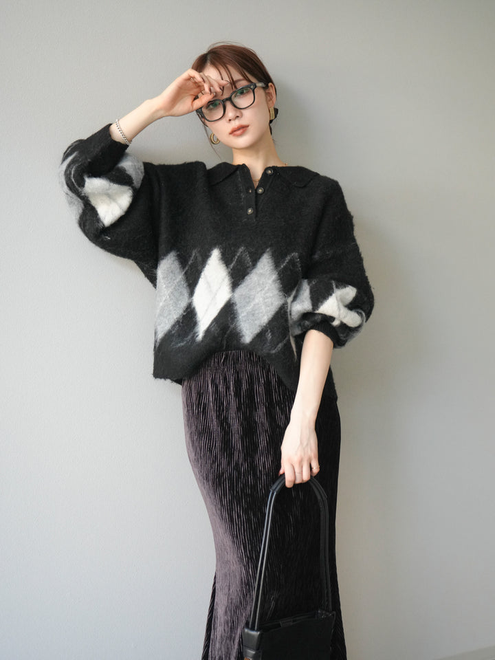 [予約]アーガイル柄ルーズポロニットプルオーバー/black