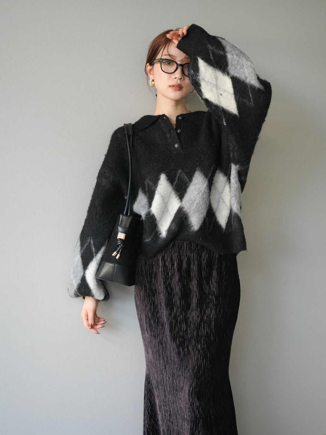 [予約]アーガイル柄ルーズポロニットプルオーバー/black