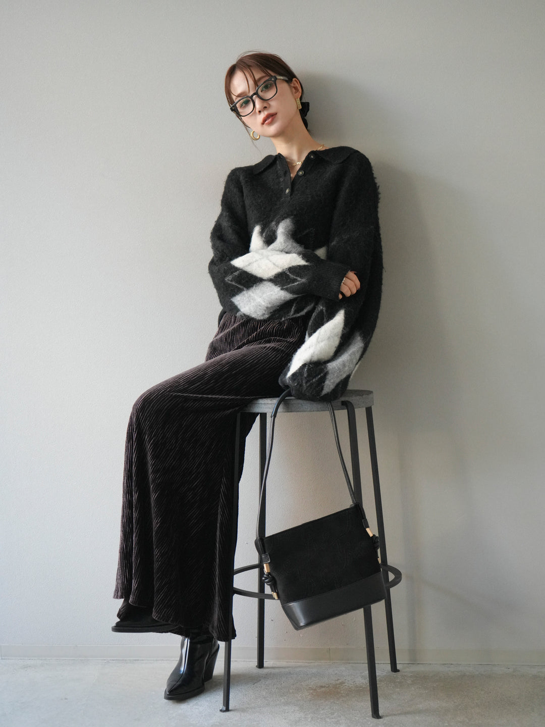 [予約]アーガイル柄ルーズポロニットプルオーバー/black