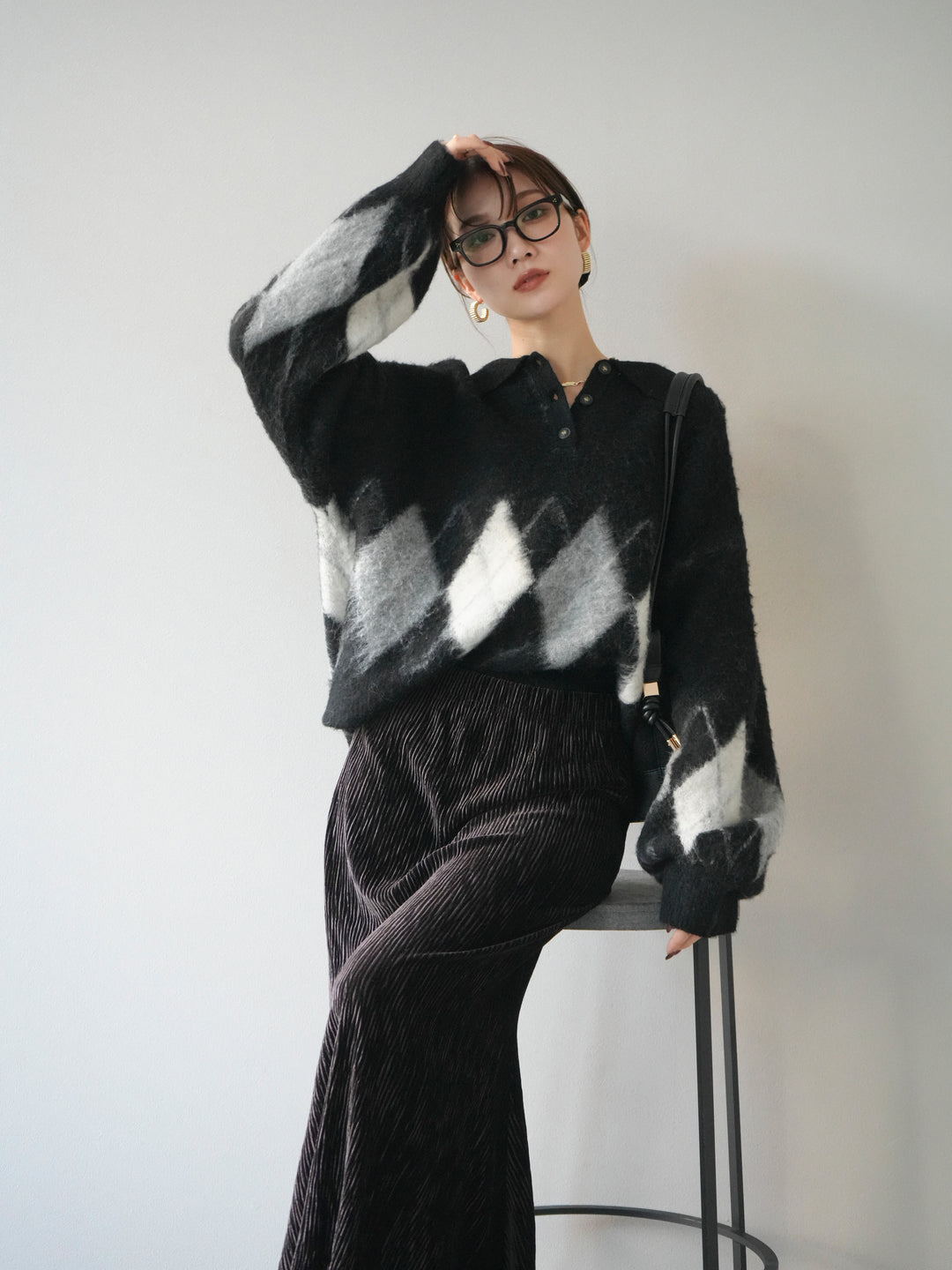 [予約]アーガイル柄ルーズポロニットプルオーバー/black