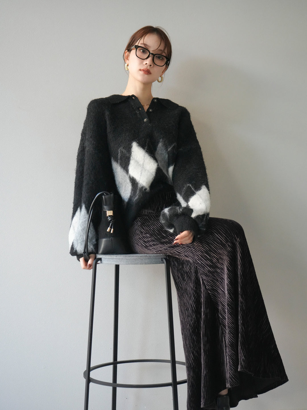 [予約]アーガイル柄ルーズポロニットプルオーバー/black