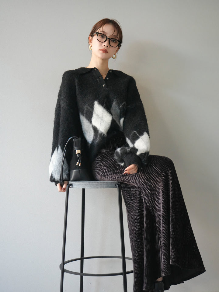 [予約]アーガイル柄ルーズポロニットプルオーバー/black