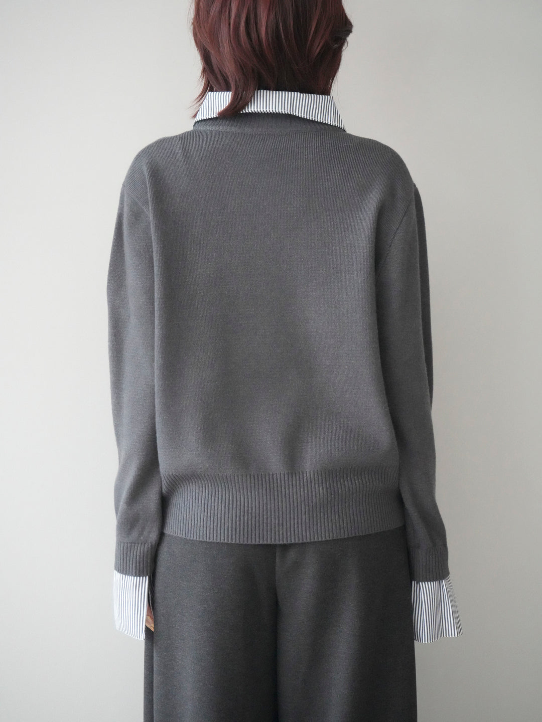 [予約]シャツドッキングデザイン裾ボタンニットプルオーバー/gray