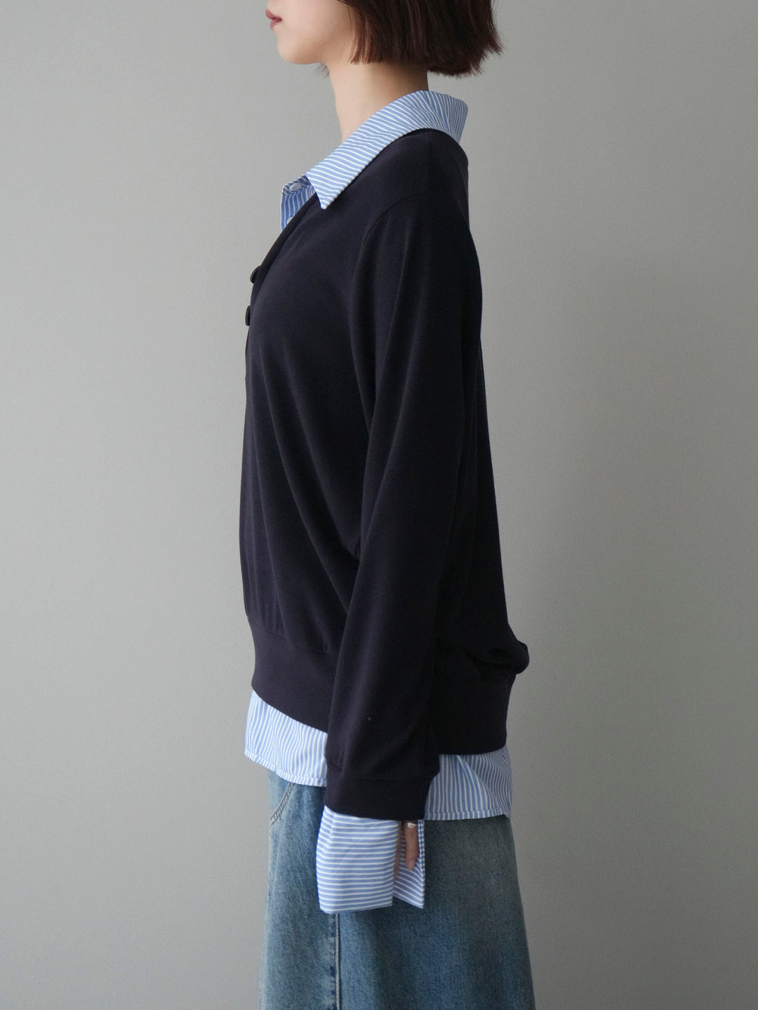 [予約]シャツレイヤードデザインカットプルオーバー/navy