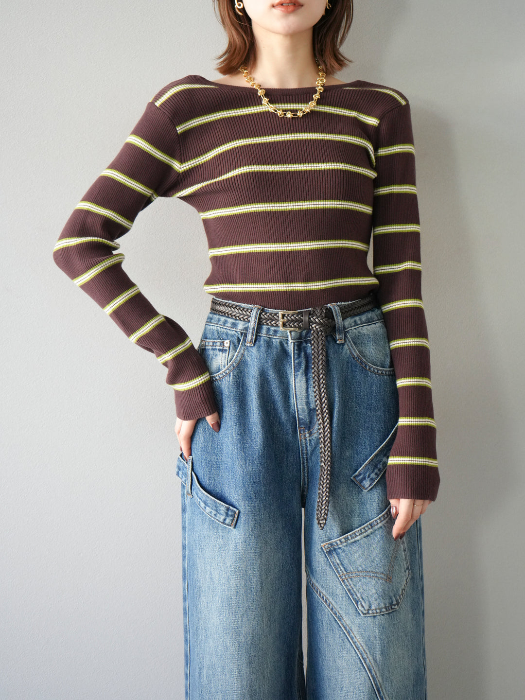 【SET】後開條紋毛圈羅紋上衣+畫家曲線牛仔褲（2件組）