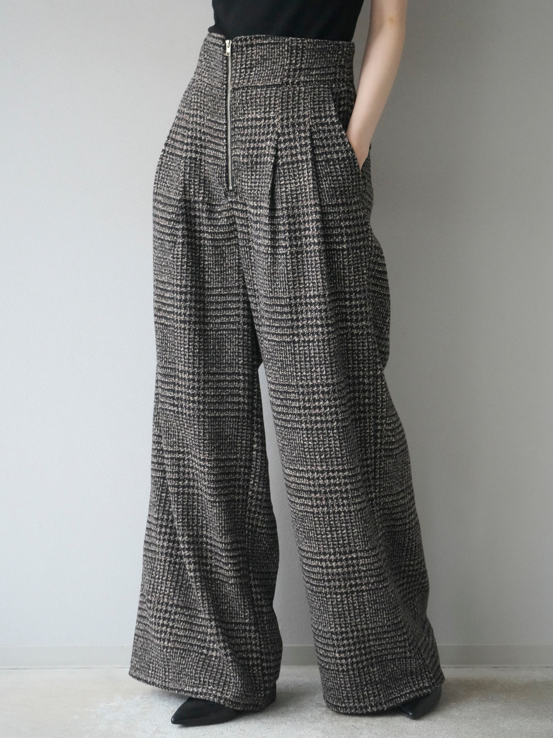 [予約]フロントジップミックスツイードワイドパンツ/brown