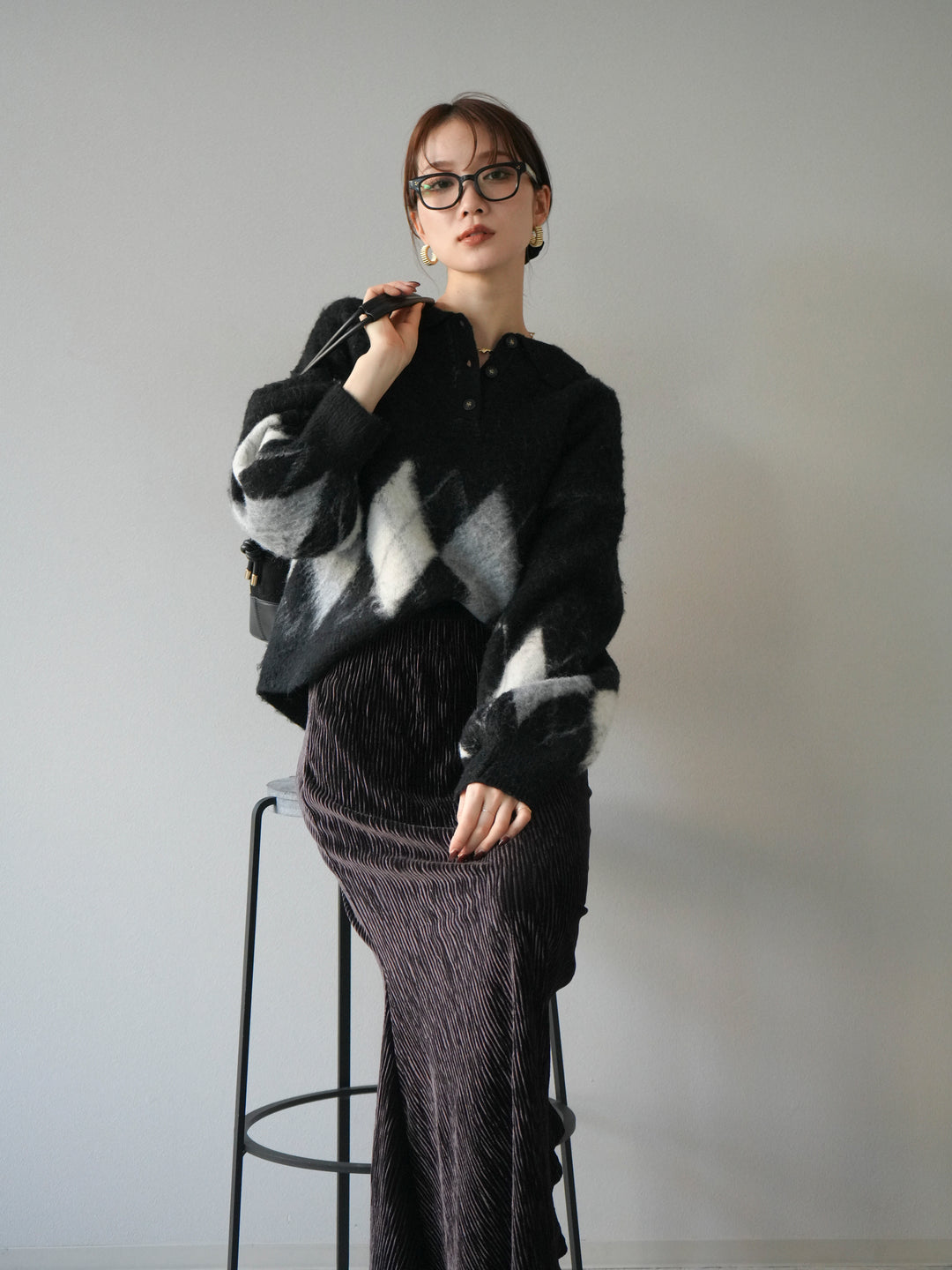 [予約]アーガイル柄ルーズポロニットプルオーバー/black