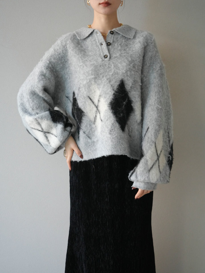 [予約]アーガイル柄ルーズポロニットプルオーバー/gray