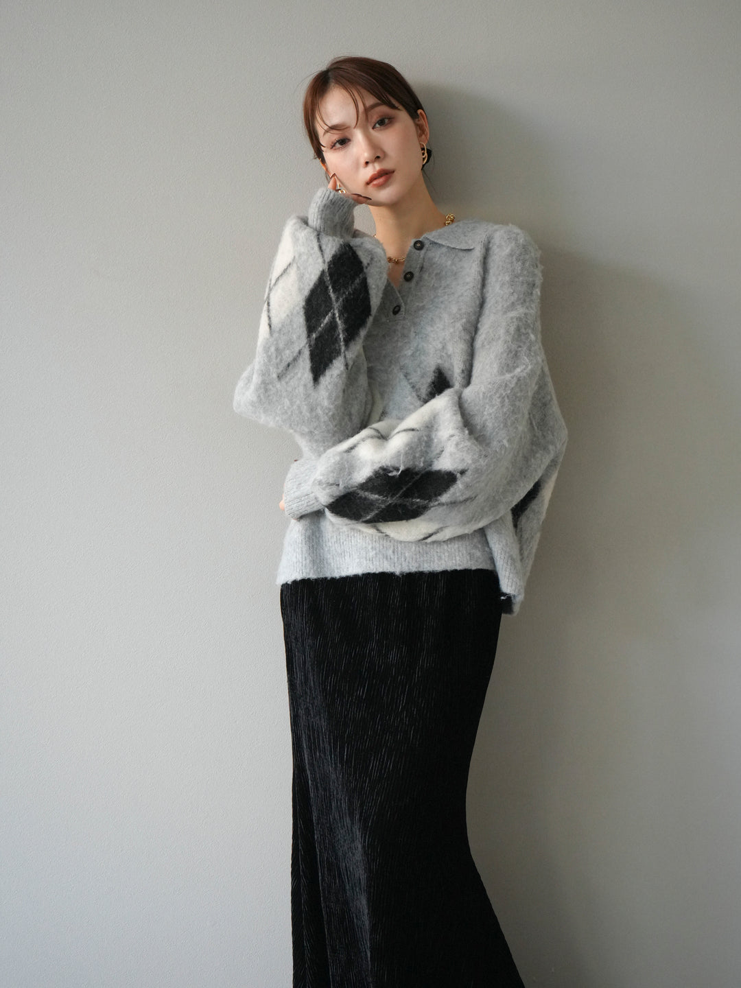 [予約]アーガイル柄ルーズポロニットプルオーバー/gray