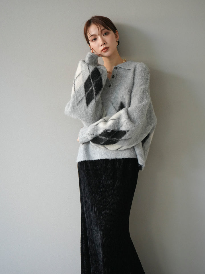 [予約]アーガイル柄ルーズポロニットプルオーバー/gray