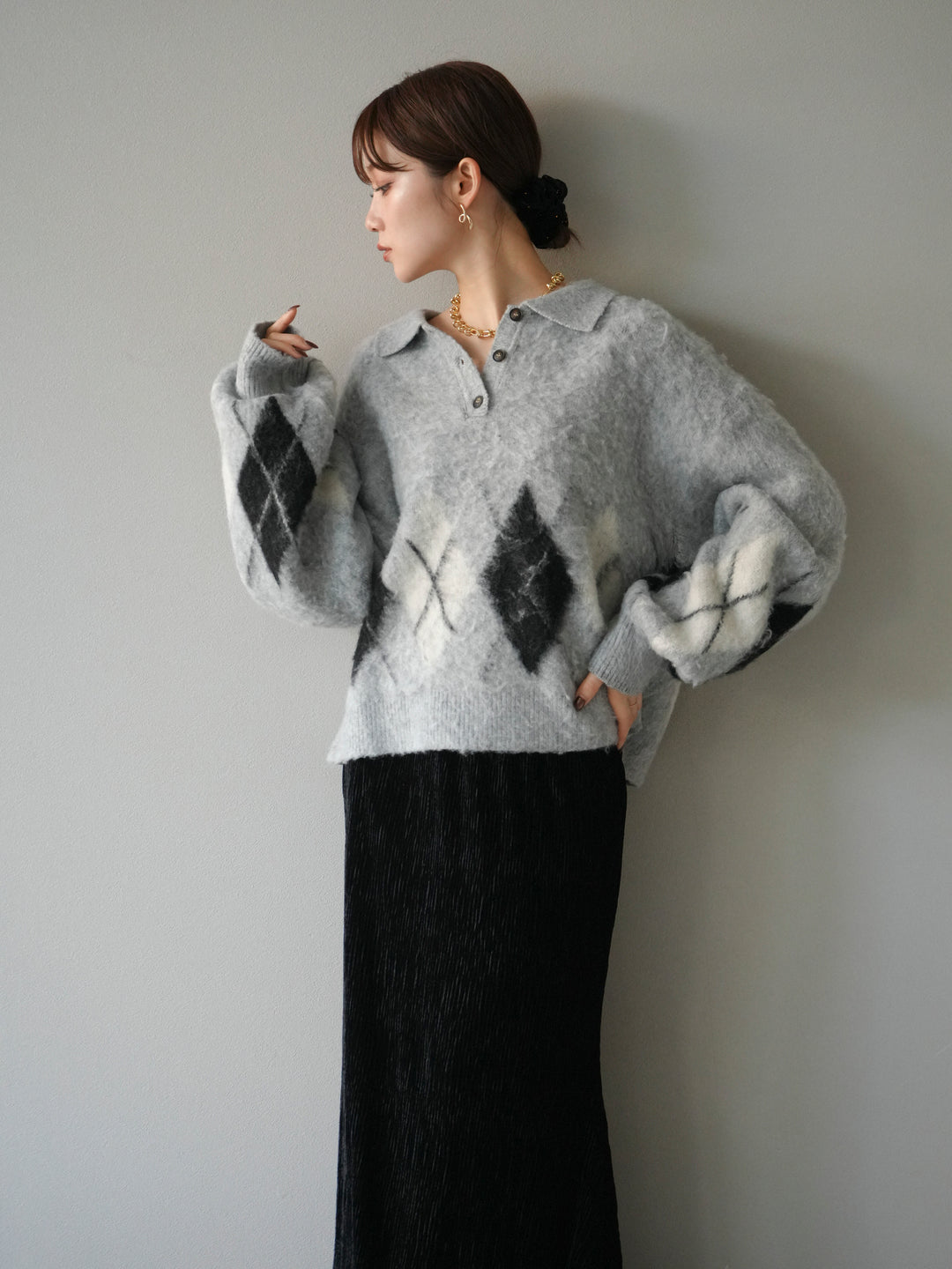 [予約]アーガイル柄ルーズポロニットプルオーバー/gray