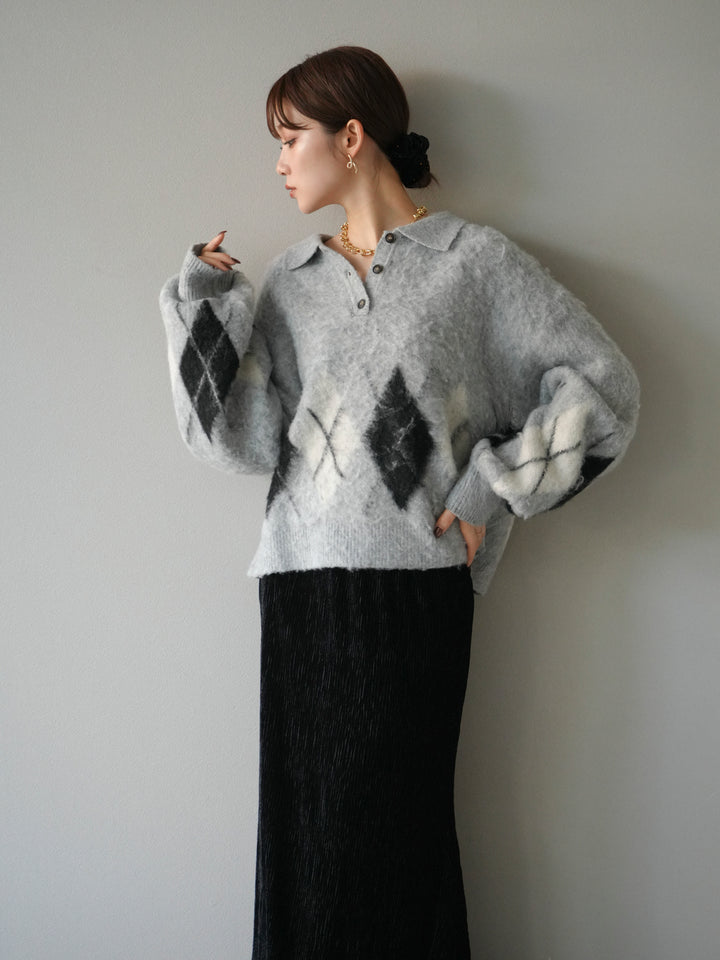 [予約]アーガイル柄ルーズポロニットプルオーバー/gray