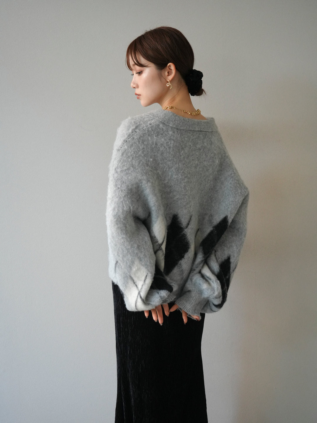 [予約]アーガイル柄ルーズポロニットプルオーバー/gray