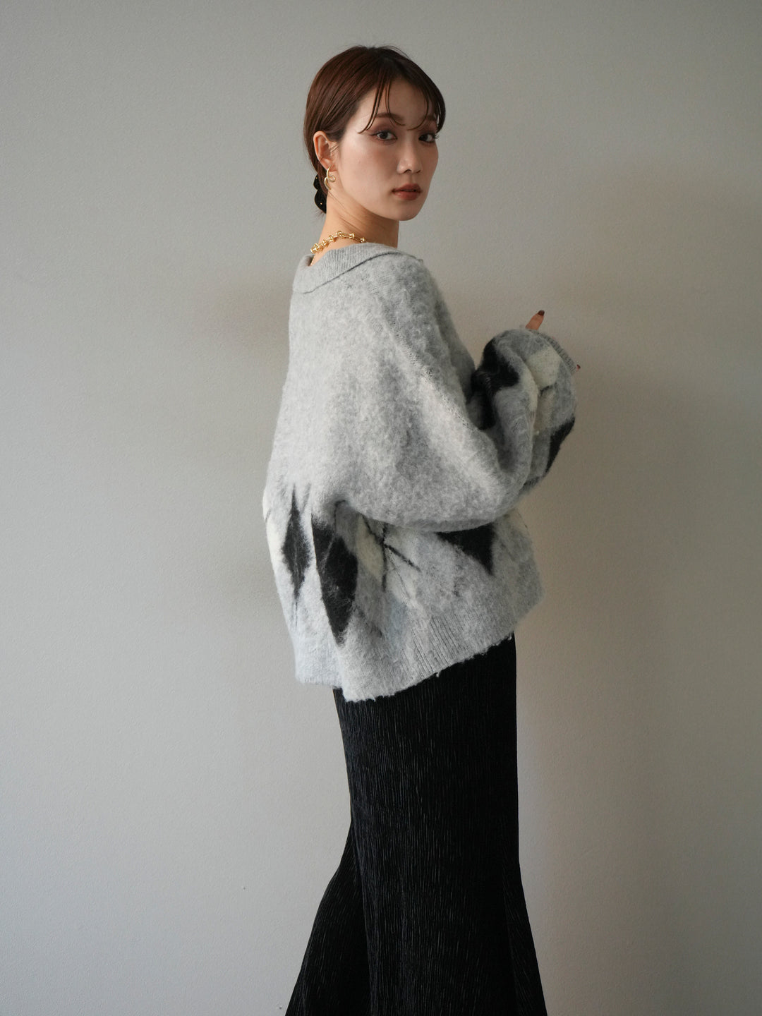 [予約]アーガイル柄ルーズポロニットプルオーバー/gray