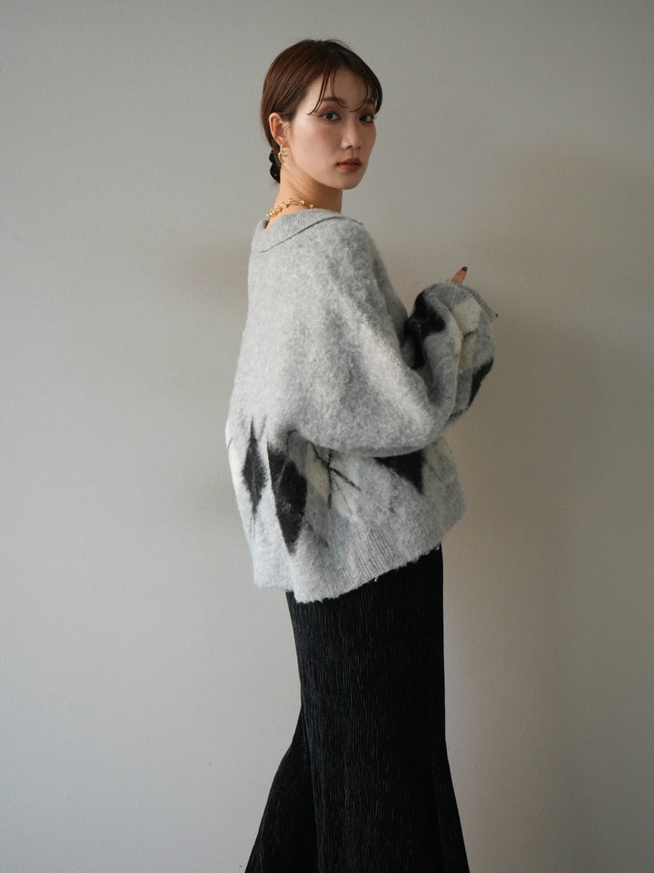 [予約]アーガイル柄ルーズポロニットプルオーバー/gray