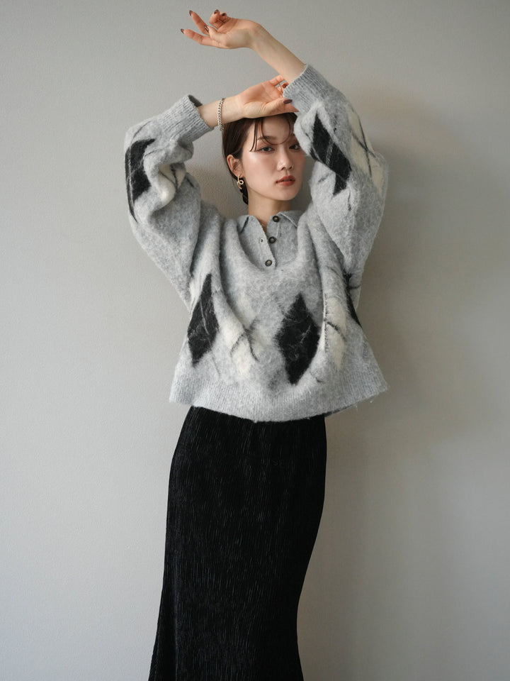 [予約]アーガイル柄ルーズポロニットプルオーバー/gray