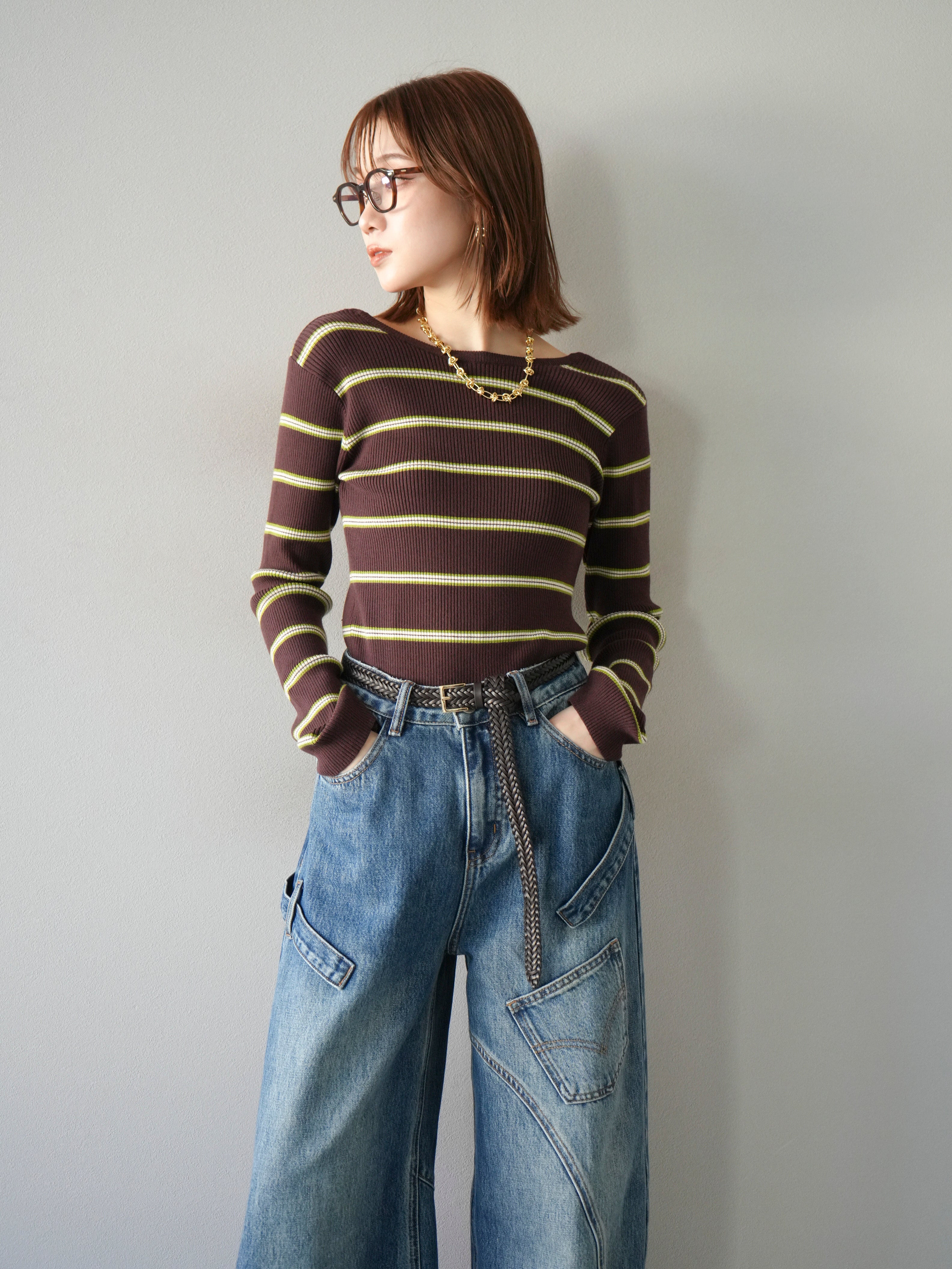 Lumier ペインターカーブデニムパンツ SET]バックオープンボーダーテレコリブトップス+ペインターカーブ