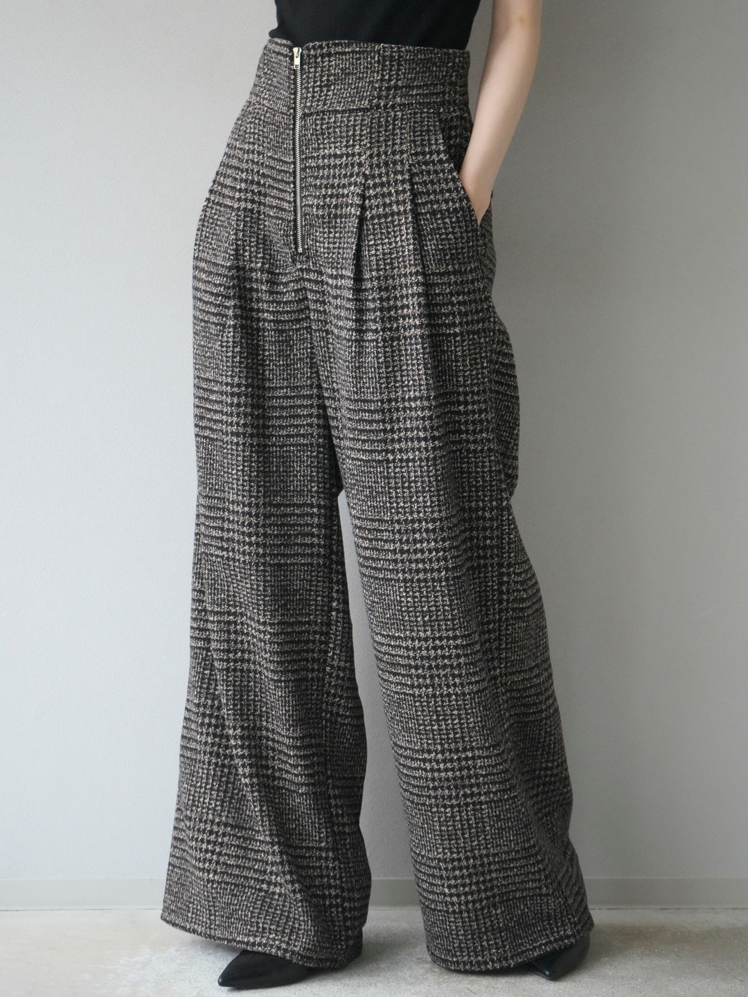 [予約]フロントジップミックスツイードワイドパンツ/brown