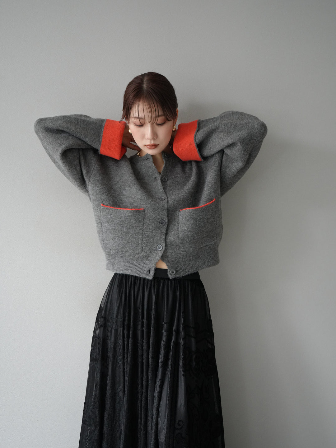 [予約]バイカラーオーバーニットカーディガン/チャコール