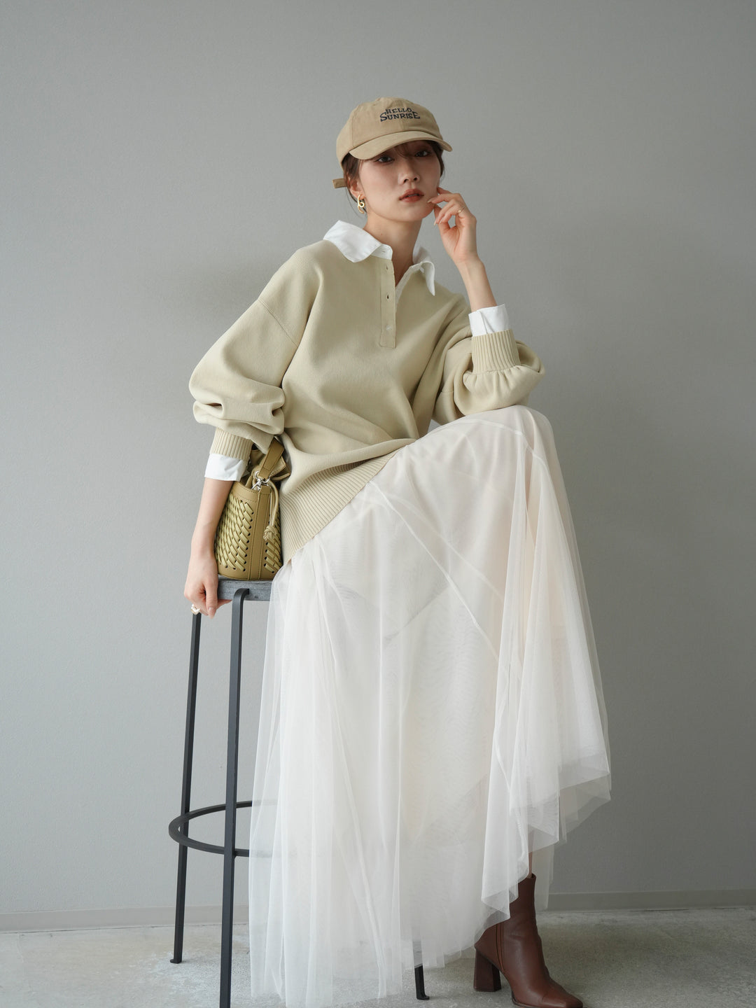 [預購] 領口Polo針織套衫/象牙白