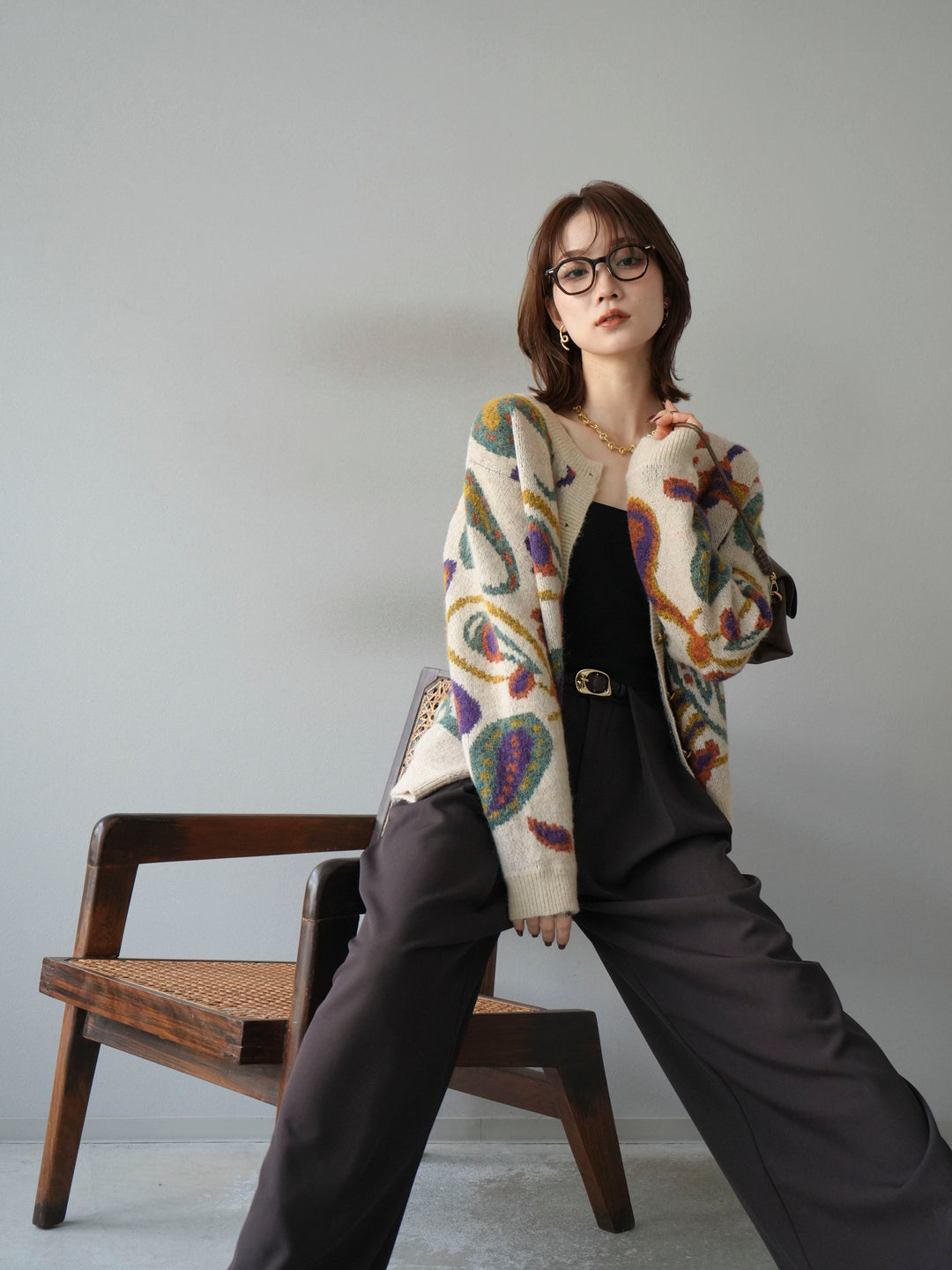 [SET]ミックスヤーンペイズリー柄ニットカーディガン+ベルトループデザインワイドパンツ(2set)