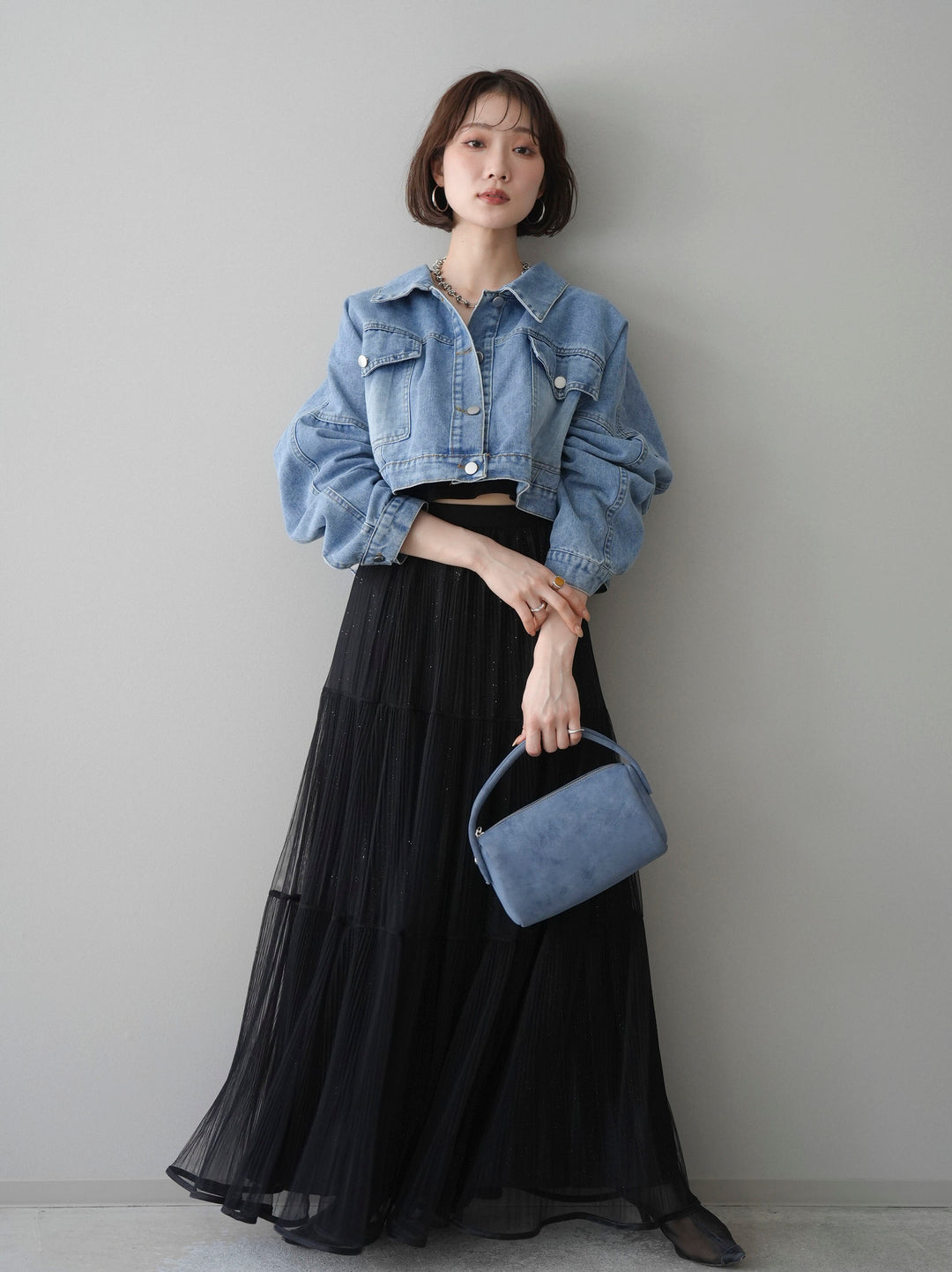 [予約]ラメプリーツレイヤードチュールロングスカート/black