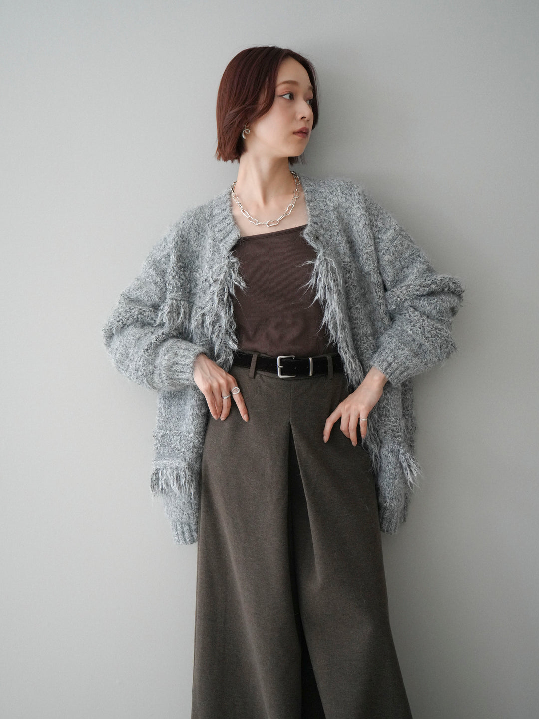 [予約]ミックスヤーンフリンジデザインニットジャケット/gray