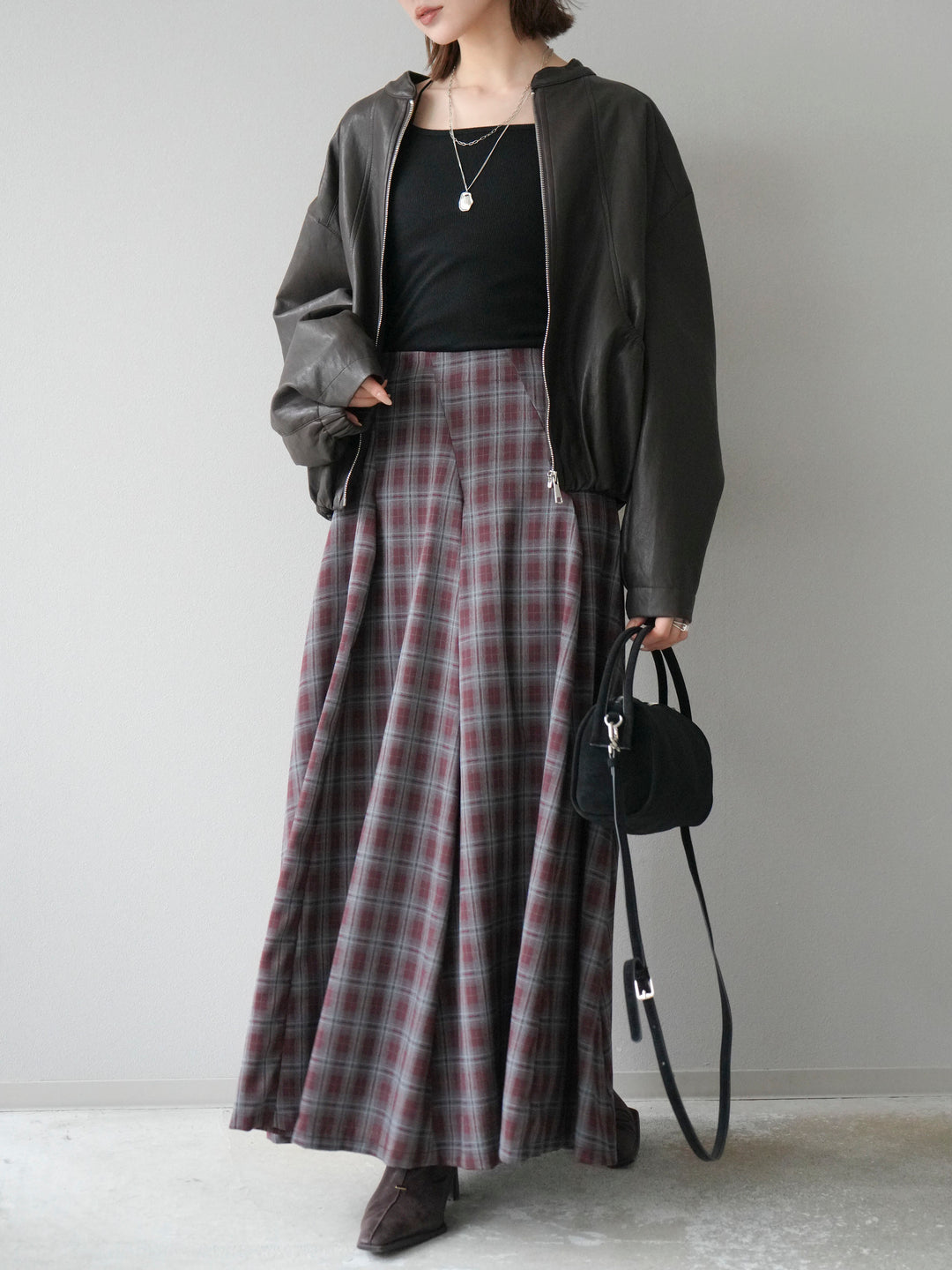 [予約]チェックタックフレアロングスカート/ ボルドー