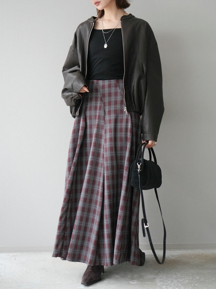 [予約]チェックタックフレアロングスカート/ ボルドー