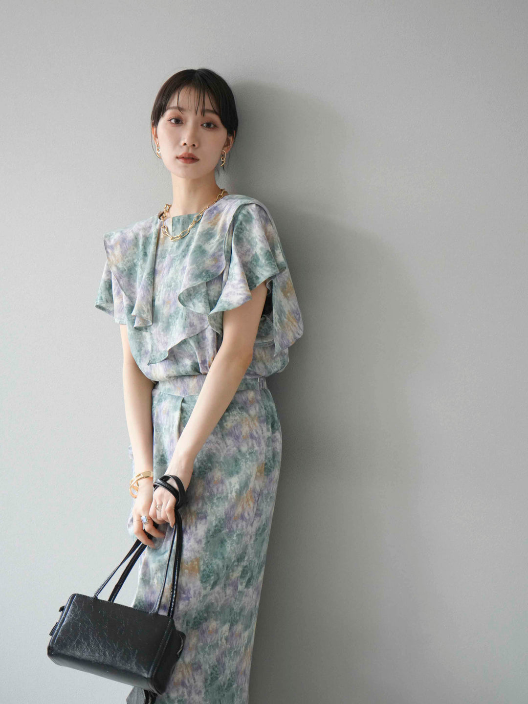 [予約]水彩アートラッフルカラーブラウス/グリーン