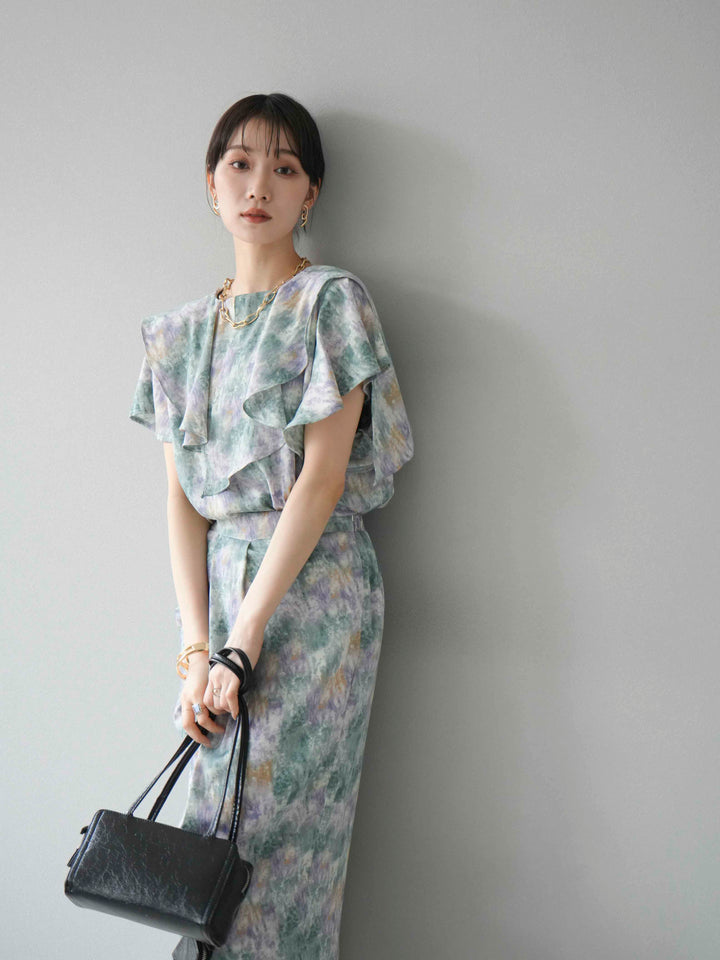 [予約]水彩アートラッフルカラーブラウス/グリーン