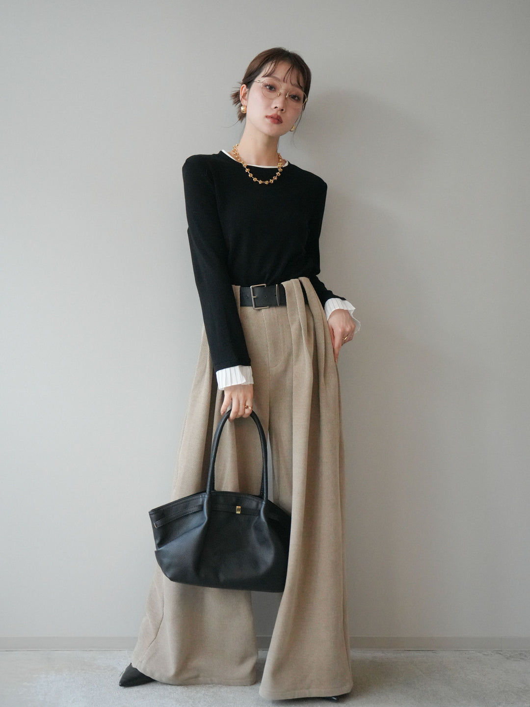 [SET]袖プリーツ配色レイヤードトップス+ベルトデザインループコールテンワイドパンツ(ベルト付き)(2set)