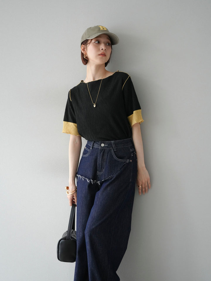 [SET] 百褶同色船領套頭衫 + 臀部設計牛仔褲（2 件組）