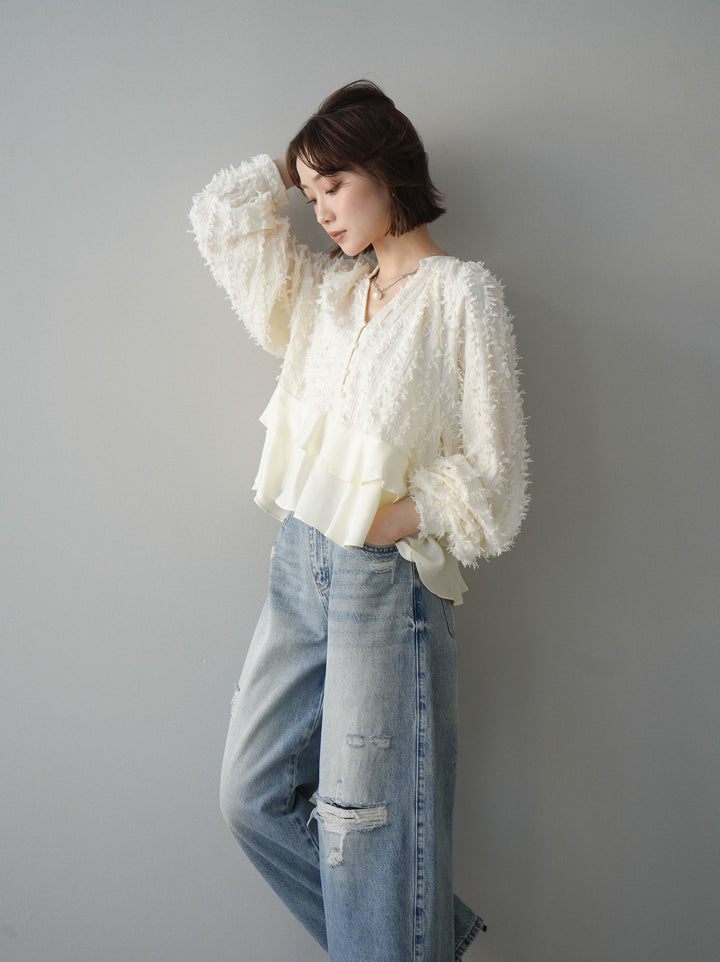 [SET]ジャガードぺプラムフリルブラウス+ダメージデニムセミワイドパンツ(2set)