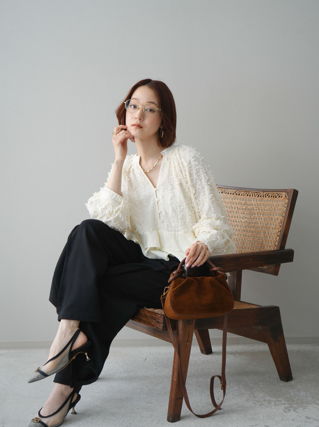 [SET]ジャガードぺプラムフリルブラウス+2WAYデザインスウェットパンツ(2set)