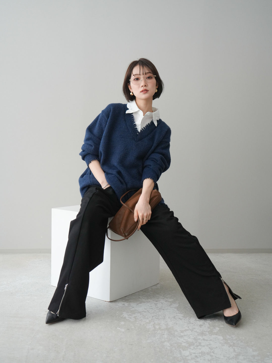 [予約]シャツドッキングVネックフリンジニットプルオーバー/navy