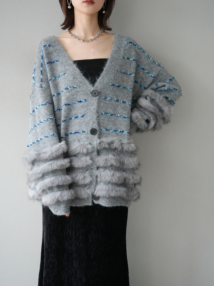 [SET]フェザーライン配色シャギーニットカーディガン+ベロアプリーツナロースカート(2set)