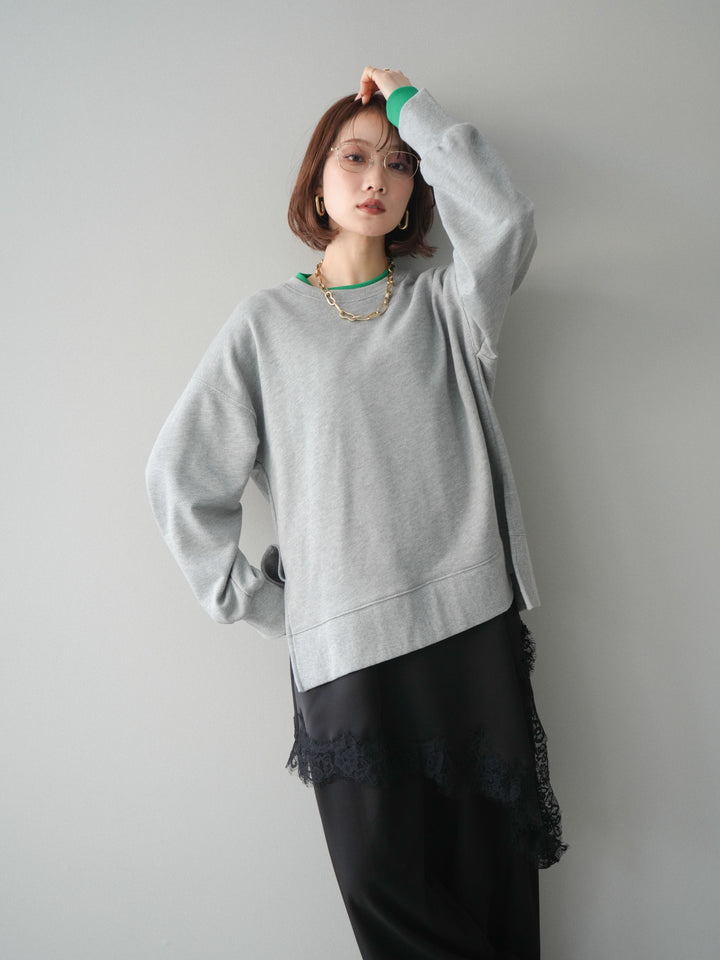 [SET]配色レイヤードデザインスエットプルオーバー+アシンメトリーサテンレースキャミソール(2set)