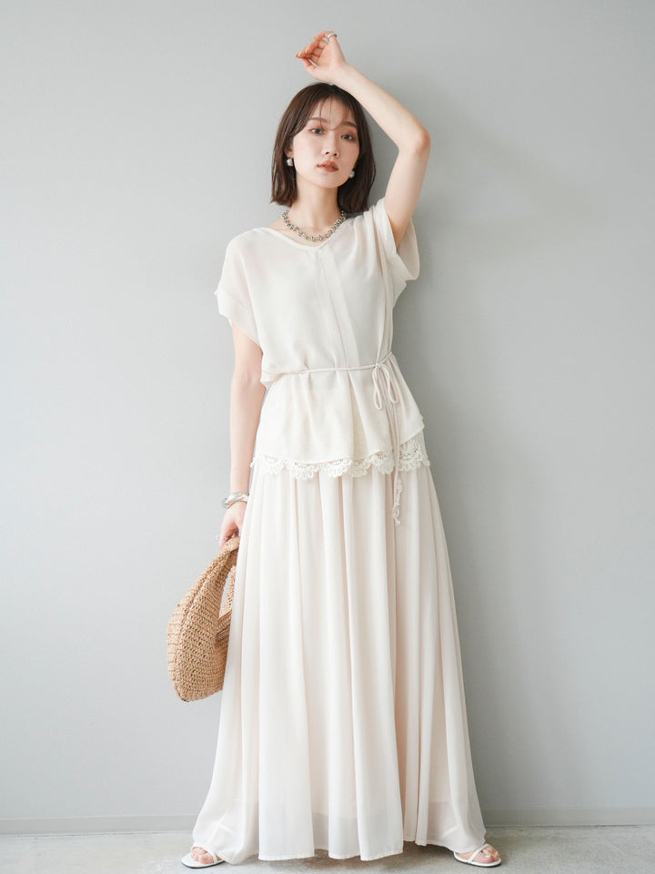 [SET]シフォンブラウス＆レースデザインフレアスカートSET UP(2set)