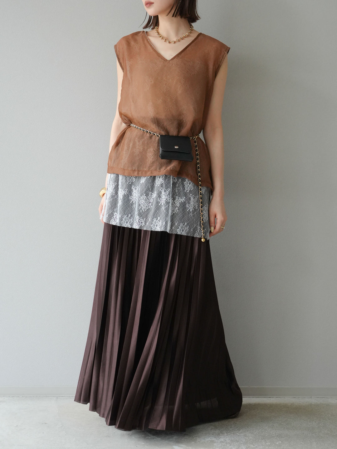 [予約]レースレイヤードオーガンジートップス/ブラウン