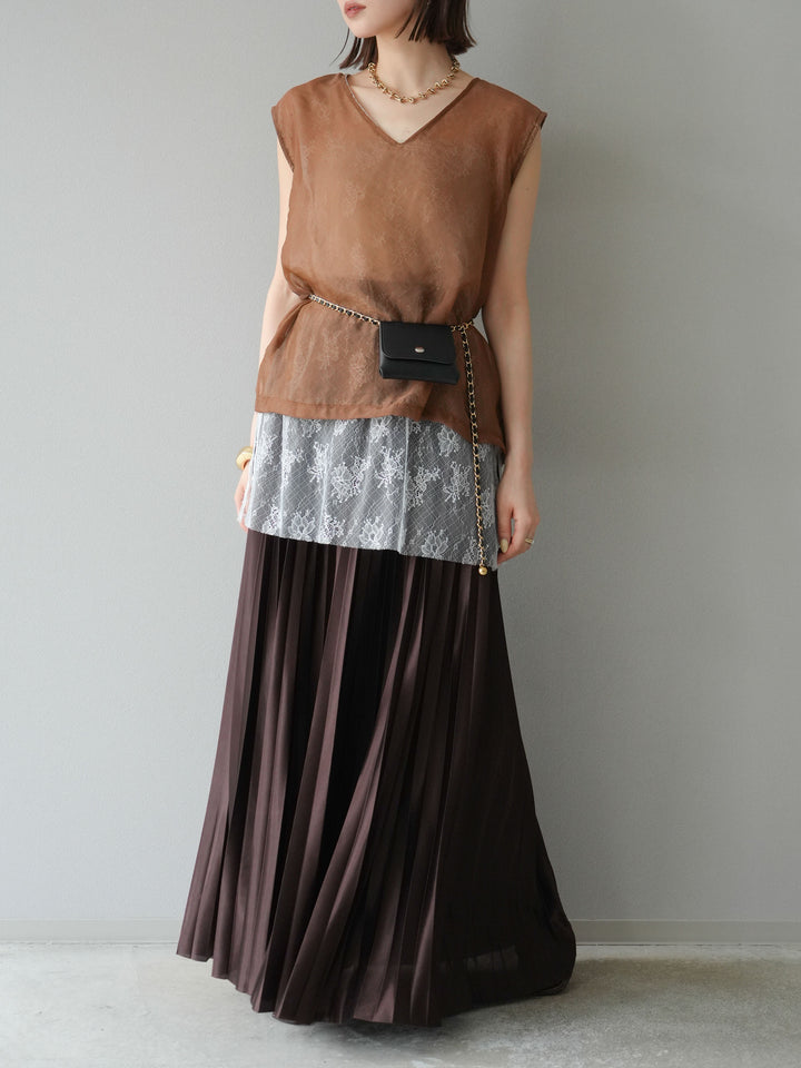 [予約]レースレイヤードオーガンジートップス/ブラウン
