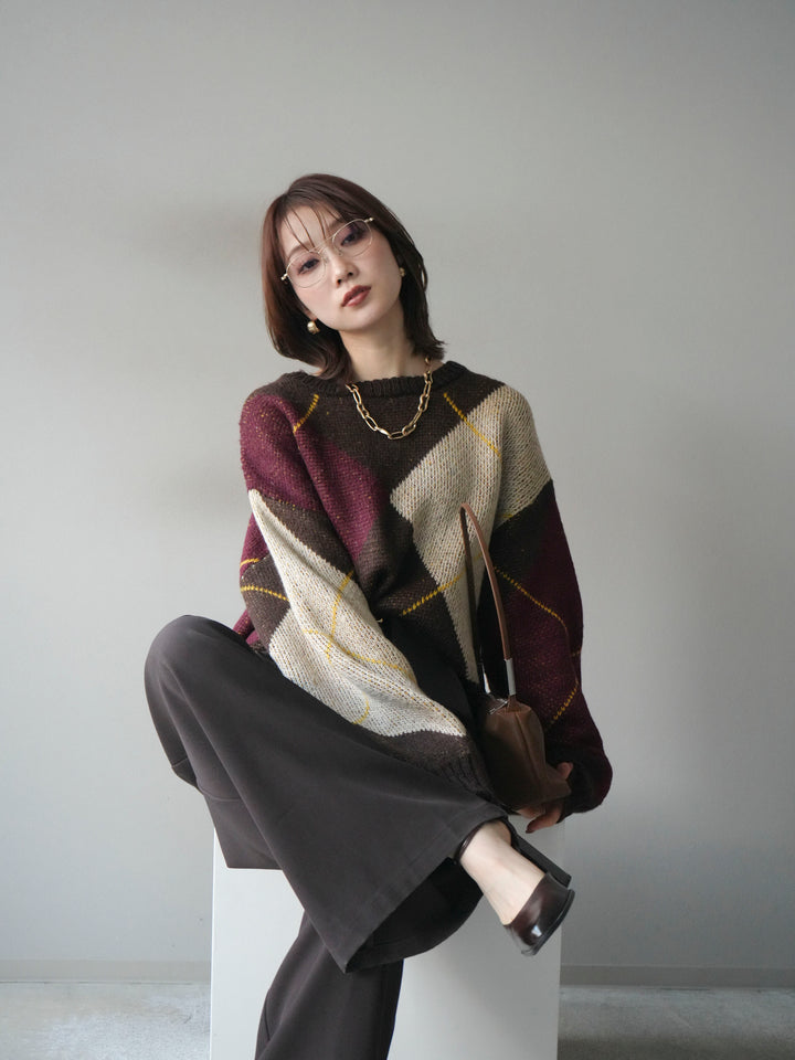 [予約]配色ステッチアーガイル柄ニットプルオーバー/brown