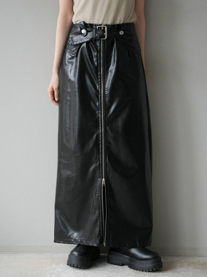 [予約]ベルトデザインレザータッチZIPタイトスカート/ブラック