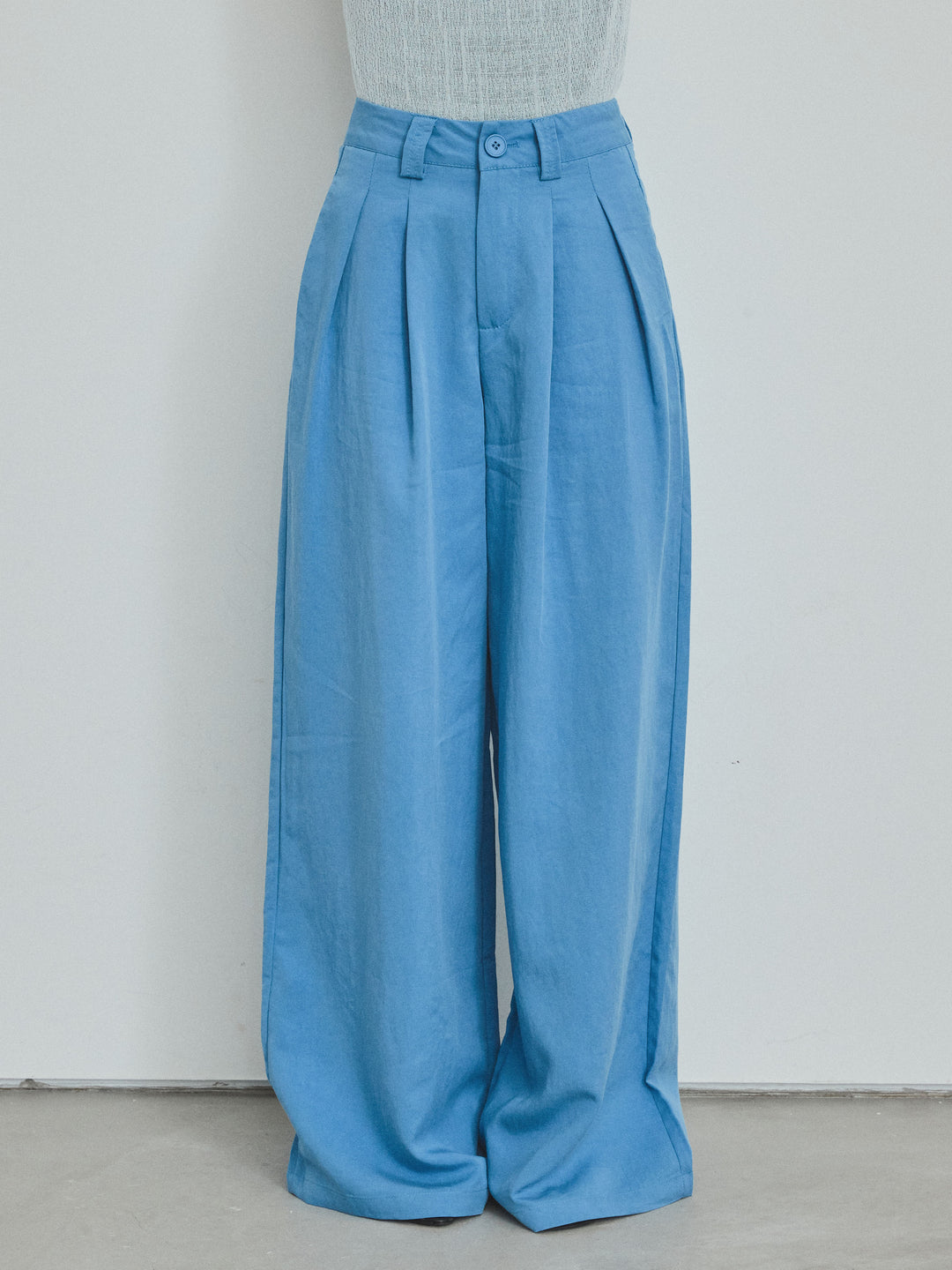 【預訂】亞麻觸感褶邊闊腿褲/藍色