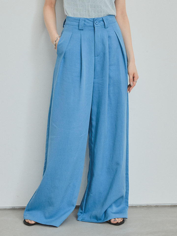 【預訂】亞麻觸感褶邊闊腿褲/藍色