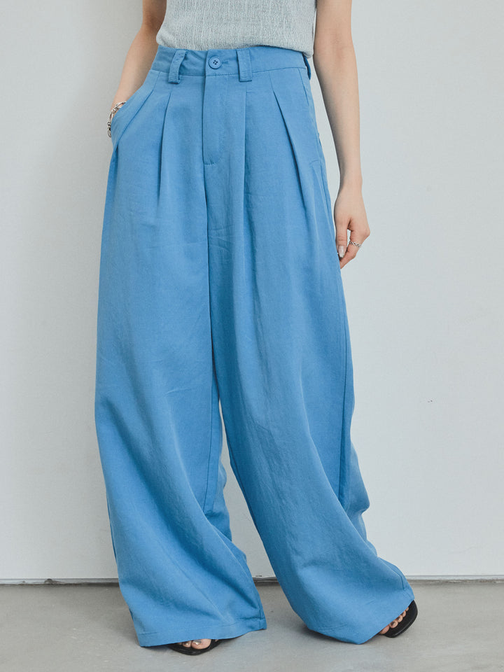 【預訂】亞麻觸感褶邊闊腿褲/藍色